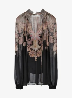 Blouse billow zwart met pink paisley print | DELSCHER. Fashion