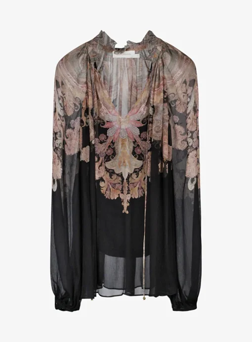 Blouse billow zwart met pink paisley print | DELSCHER. Fashion