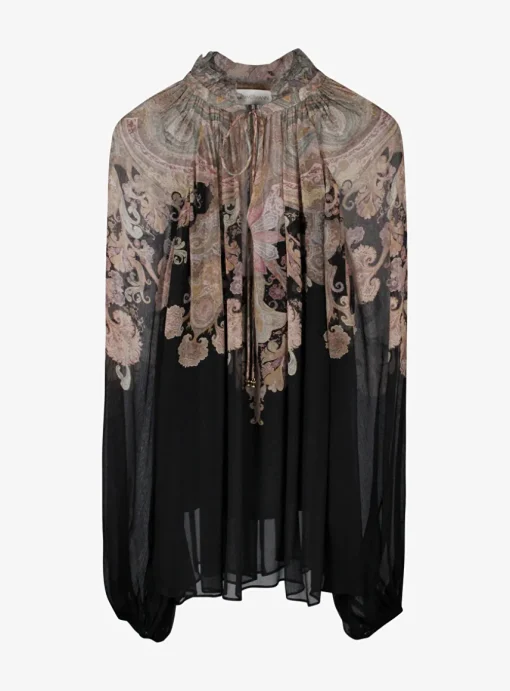 Blouse billow zwart met pink paisley print | DELSCHER. Fashion