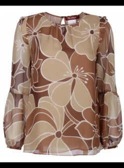 blouse camel dessin met roezel op schouder | DELSCHER. Fashion