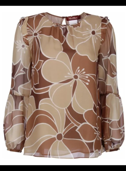 blouse camel dessin met roezel op schouder | DELSCHER. Fashion