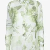 Blouse carmen wit groen bladerdessin linnen | DELSCHER. Fashion