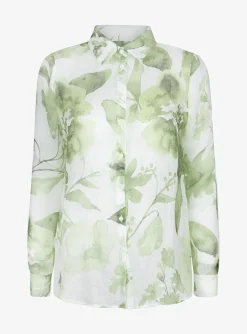 Blouse carmen wit groen bladerdessin linnen | DELSCHER. Fashion