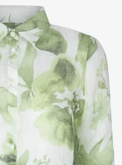 Blouse carmen wit groen bladerdessin linnen | DELSCHER. Fashion
