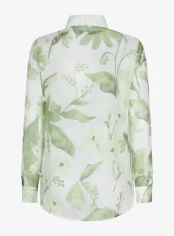 Blouse carmen wit groen bladerdessin linnen | DELSCHER. Fashion