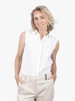 Blouse mouwloos basic wit met glitter rand | DELSCHER. Fashion