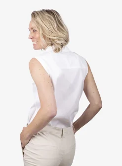 Blouse mouwloos basic wit met glitter rand | DELSCHER. Fashion