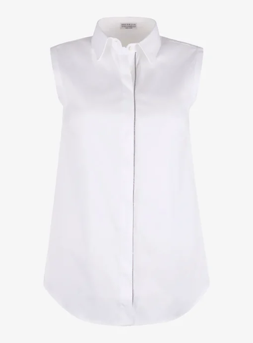 Blouse mouwloos basic wit met glitter rand | DELSCHER. Fashion