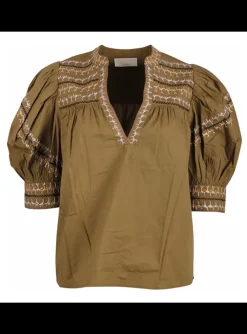 Blouse Noam broderie kaki lila zwart wit oranje | DELSCHER. Fashion