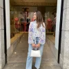 Blouse offwhite blauw roze met strik | DELSCHER. Fashion