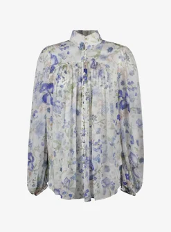 Blouse offwhite blauw roze met strik | DELSCHER. Fashion