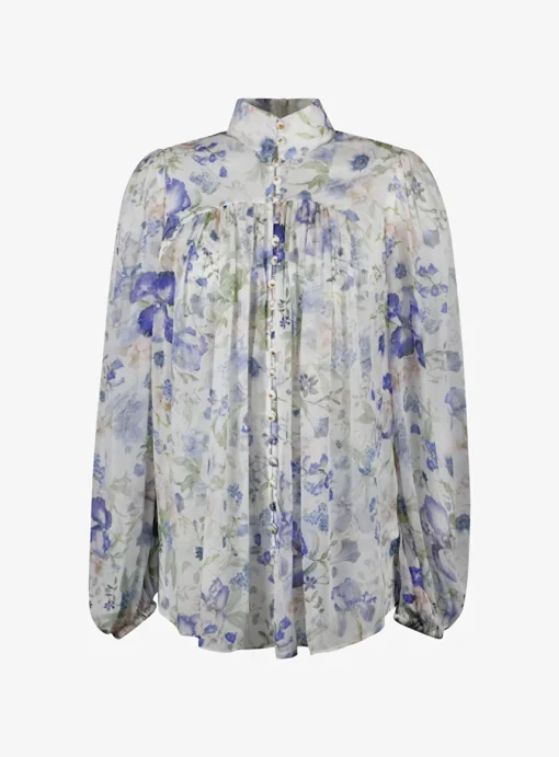 Blouse offwhite blauw roze met strik | DELSCHER. Fashion