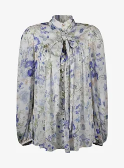 Blouse offwhite blauw roze met strik | DELSCHER. Fashion