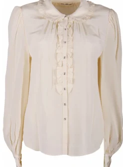 Blouse offwhite roezelrand kraag en sluiting | DELSCHER. Fashion