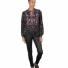 Blouse zwart borduurdessin, zwart, groen, framboos | DELSCHER. Fashion