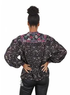 Blouse zwart borduurdessin, zwart, groen, framboos | DELSCHER. Fashion
