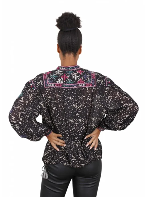 Blouse zwart borduurdessin, zwart, groen, framboos | DELSCHER. Fashion