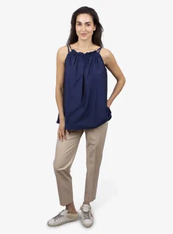 Curcuma top marine met spaghetti bandjes | DELSCHER. Fashion