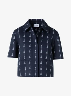 jasje korte mouw marine wit sailboat print | DELSCHER. Fashion