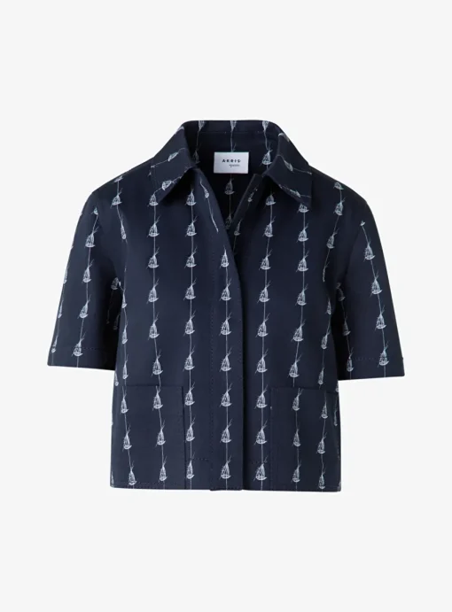 jasje korte mouw marine wit sailboat print | DELSCHER. Fashion