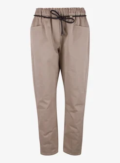 Jeans beige met elastieke taille en leder koordje | DELSCHER. Fashion