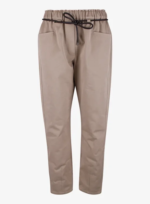 Jeans beige met elastieke taille en leder koordje | DELSCHER. Fashion