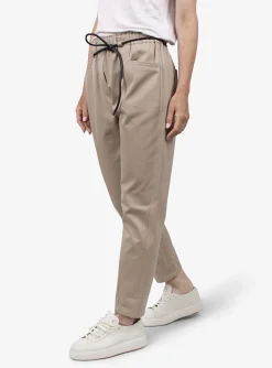 Jeans beige met elastieke taille en leder koordje | DELSCHER. Fashion