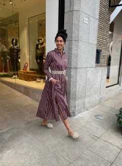 Jurk bordeaux streep lang kaftan | DELSCHER. Fashion