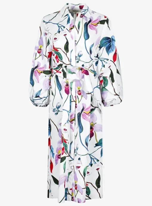 Jurk capri wit bloem dessin ceintuur en ballonmouw | DELSCHER. Fashion
