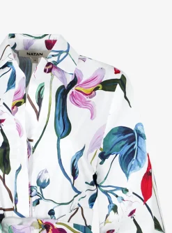 Jurk capri wit bloem dessin ceintuur en ballonmouw | DELSCHER. Fashion
