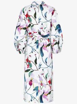 Jurk capri wit bloem dessin ceintuur en ballonmouw | DELSCHER. Fashion