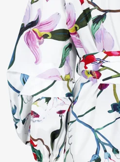 Jurk capri wit bloem dessin ceintuur en ballonmouw | DELSCHER. Fashion