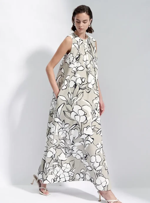 Jurk coltan beige wit bloemendessin | DELSCHER. Fashion