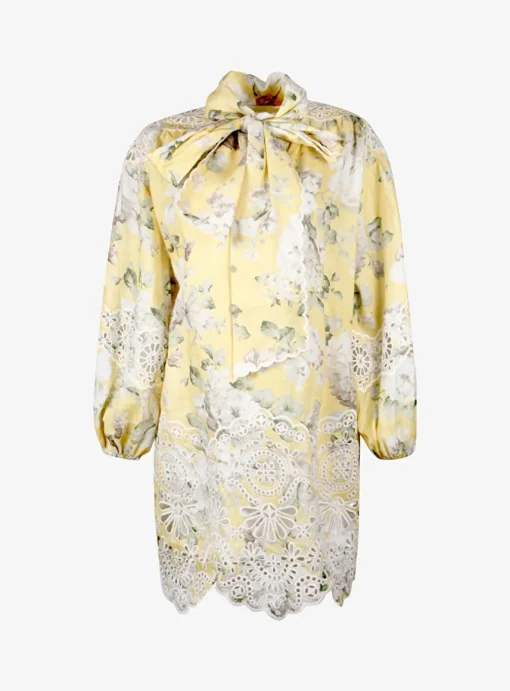 Jurk geel dessin met broderie | DELSCHER. Fashion