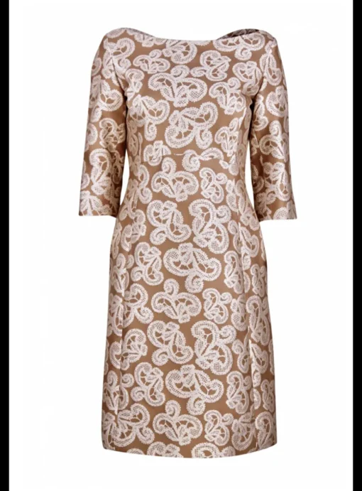 Jurk Maeva camel met beige kantdessin | DELSCHER. Fashion