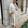 Jurk maxi golden buttoned linnen offwhite met print | DELSCHER. Fashion