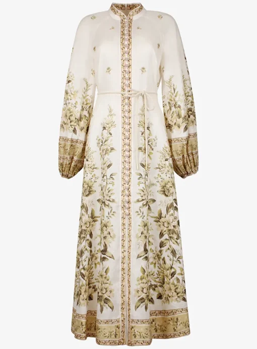 Jurk maxi golden buttoned linnen offwhite met print | DELSCHER. Fashion