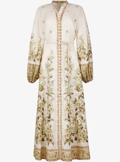 Jurk maxi golden buttoned linnen offwhite met print | DELSCHER. Fashion
