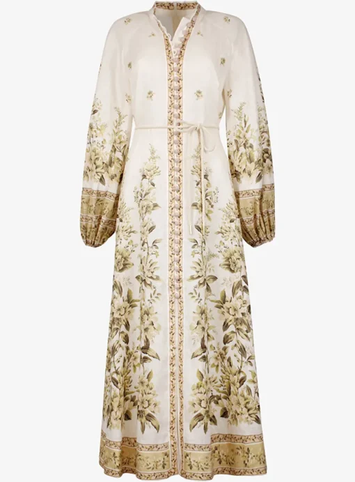 Jurk maxi golden buttoned linnen offwhite met print | DELSCHER. Fashion