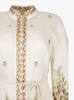 Jurk maxi golden buttoned linnen offwhite met print | DELSCHER. Fashion