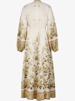 Jurk maxi golden buttoned linnen offwhite met print | DELSCHER. Fashion