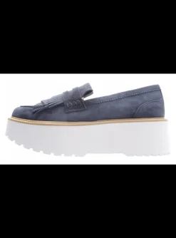 Mocassin donkerblauw suede met plateauzool | DELSCHER. Fashion