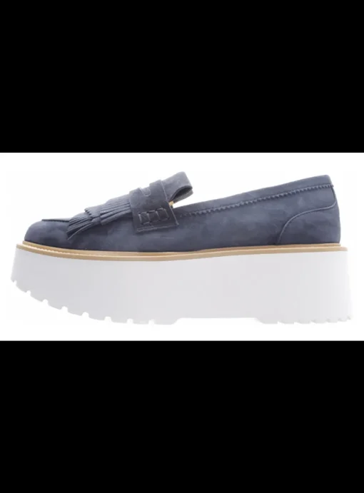 Mocassin donkerblauw suede met plateauzool | DELSCHER. Fashion