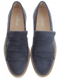 Mocassin donkerblauw suede met plateauzool | DELSCHER. Fashion