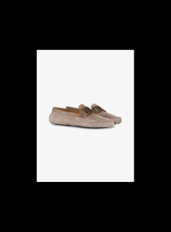 Mocassin suede beige met mat goud logo | DELSCHER. Fashion