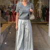 Pantalon KATOEN ZACHT groen extra wide leg | DELSCHER. Fashion