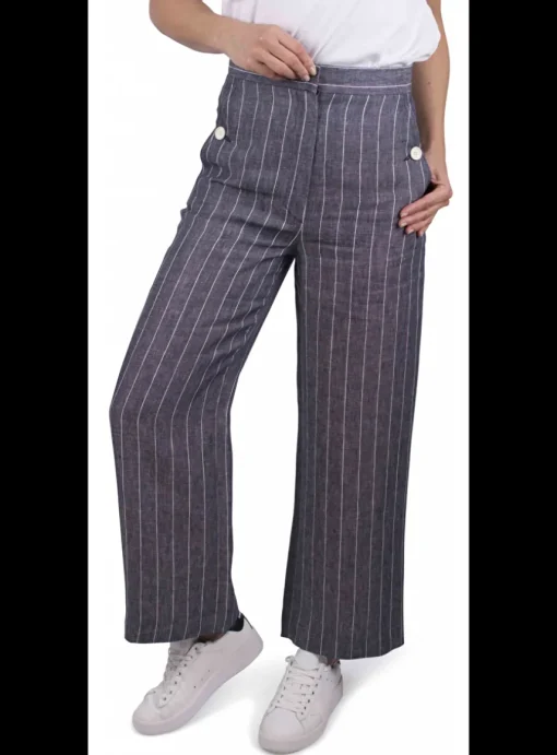 Pantalon linnen streep wit blauw | DELSCHER. Fashion