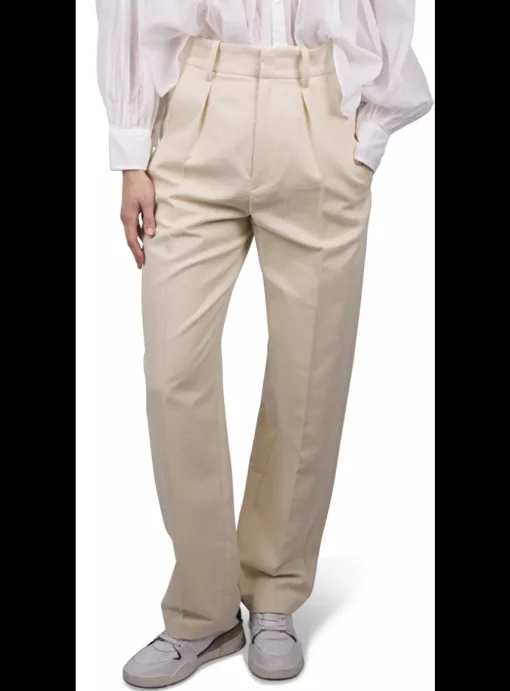 Pantalon Miro bandplooi ecru structuur | DELSCHER. Fashion