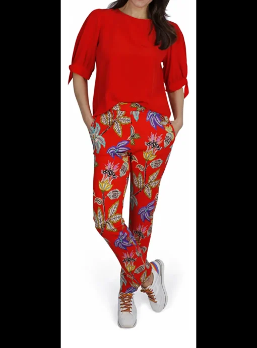 Pantalon rood bloem dessin | DELSCHER. Fashion