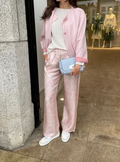 Pantalon zijde dessin roze | DELSCHER. Fashion